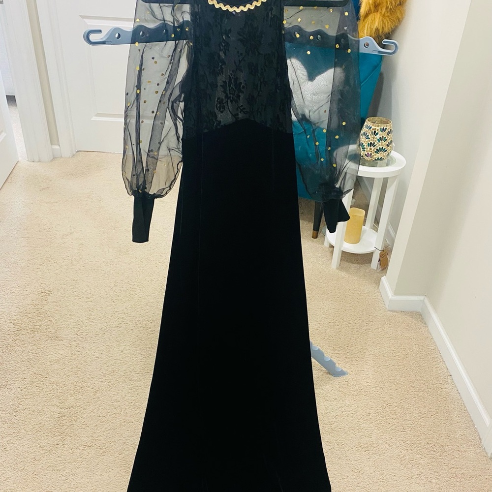 Black Long Sleeve Maxi Dress with Sheer Polka Dot Sleeves